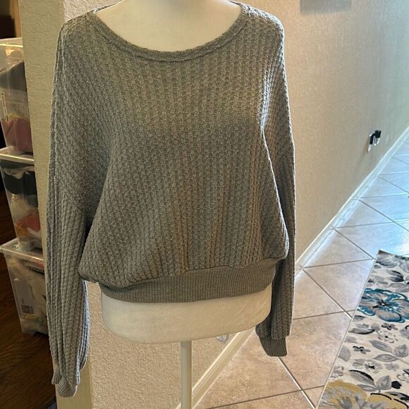 Project Social T Women's S Waffle Knit Pullover Sweater Gray Open Back Slouchy - Picture 1 of 8